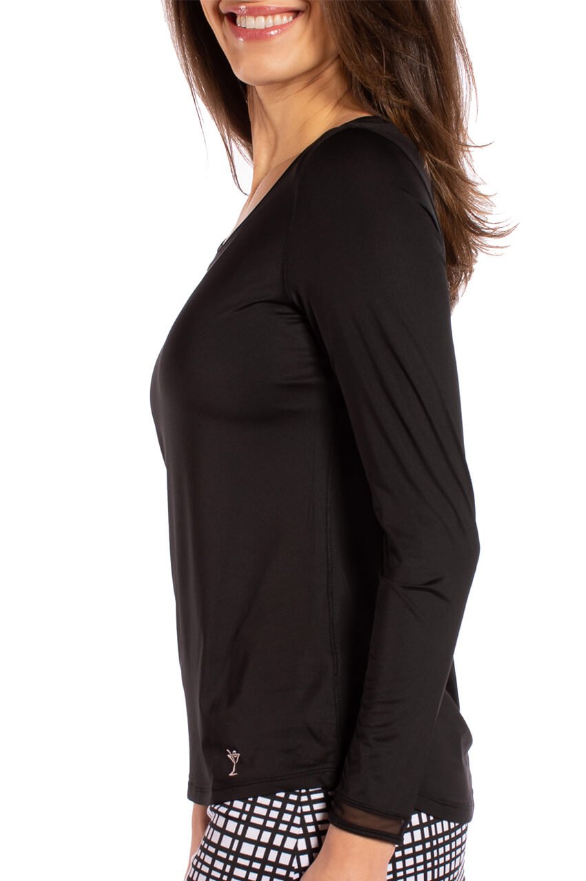 Black Long Sleeve Mesh Trim Top - GolftiniTops