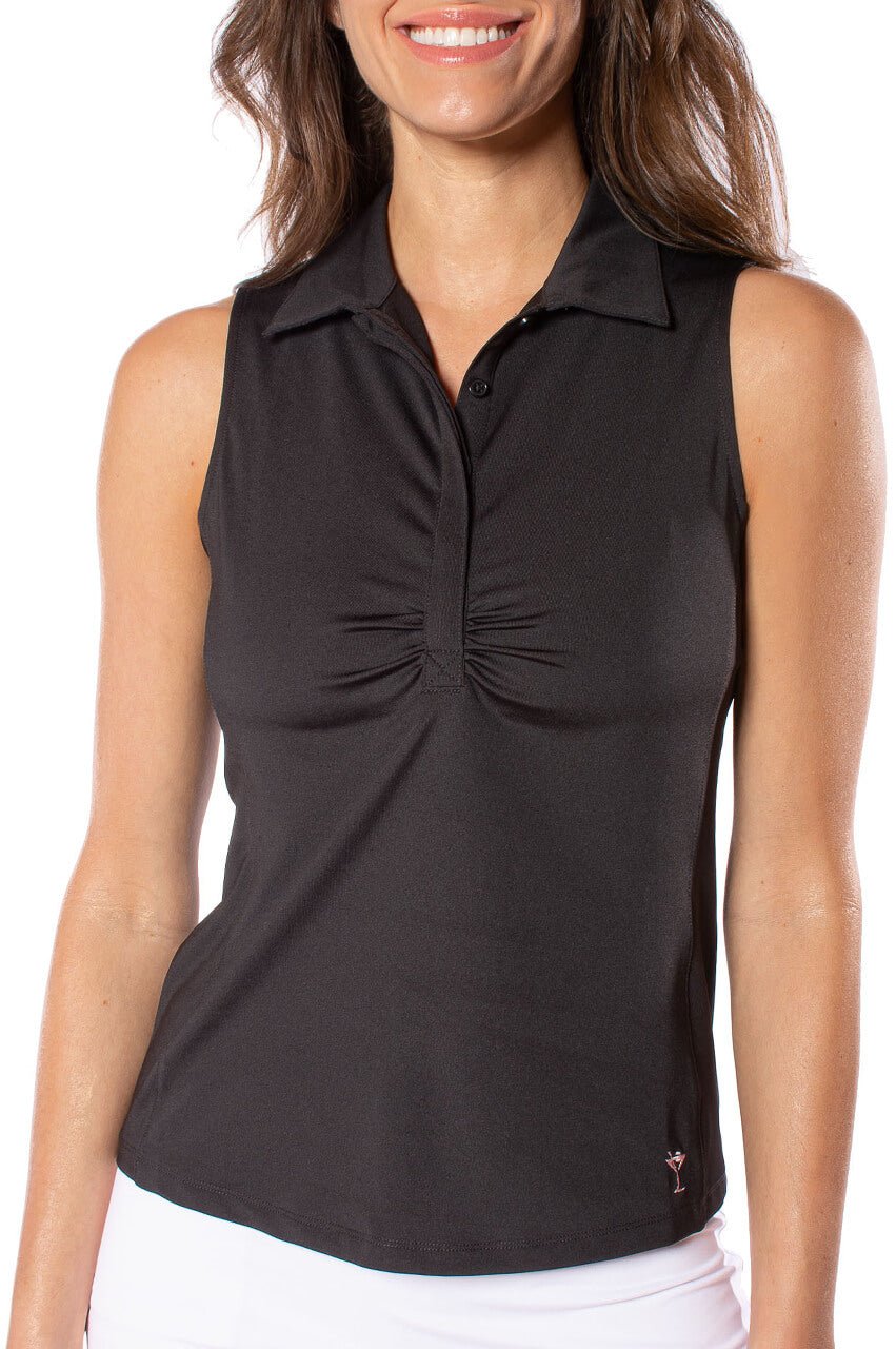 Black Sleeveless Ruched Polo - GolftiniTops