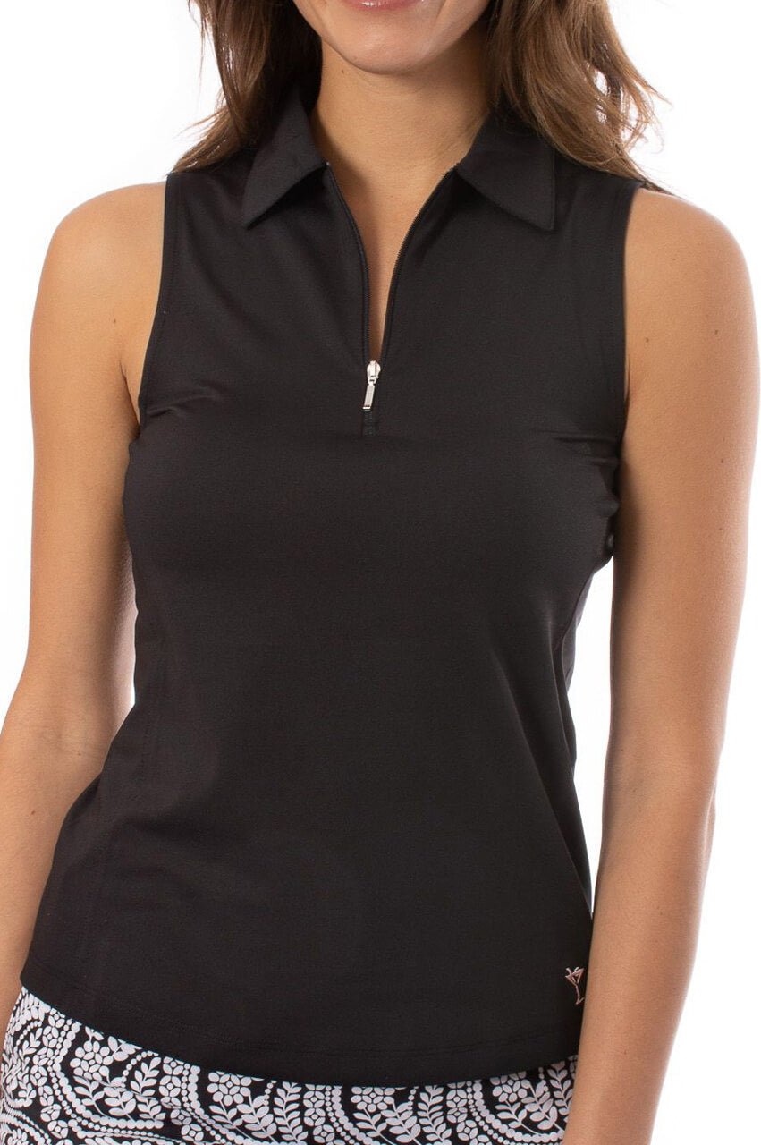 Black Sleeveless Zip Polo - GolftiniTops