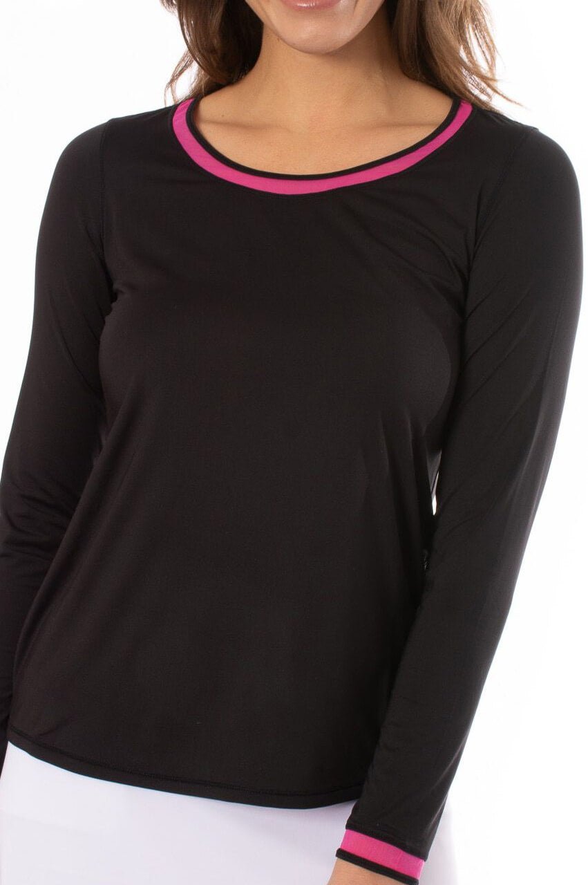 Black/Hot Pink Long Sleeve Mesh Trim Top - GolftiniTops