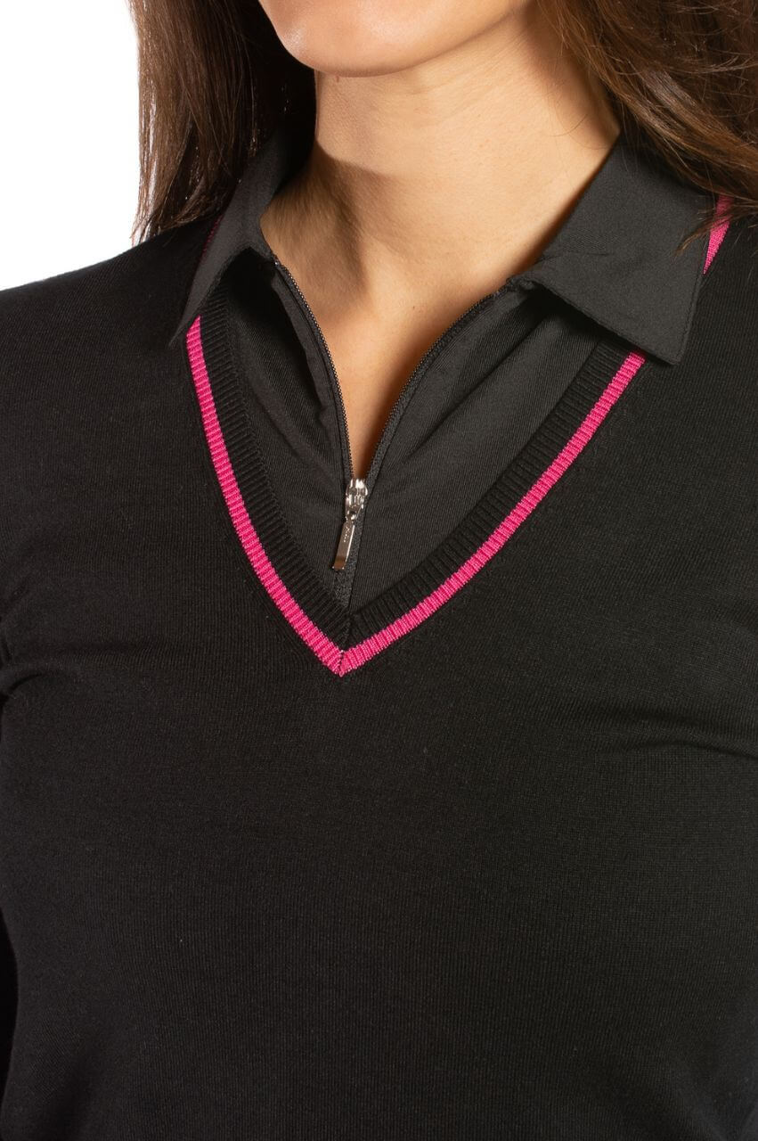 Black/Hot Pink Stretch V - Neck Sweater - GolftiniSweaters