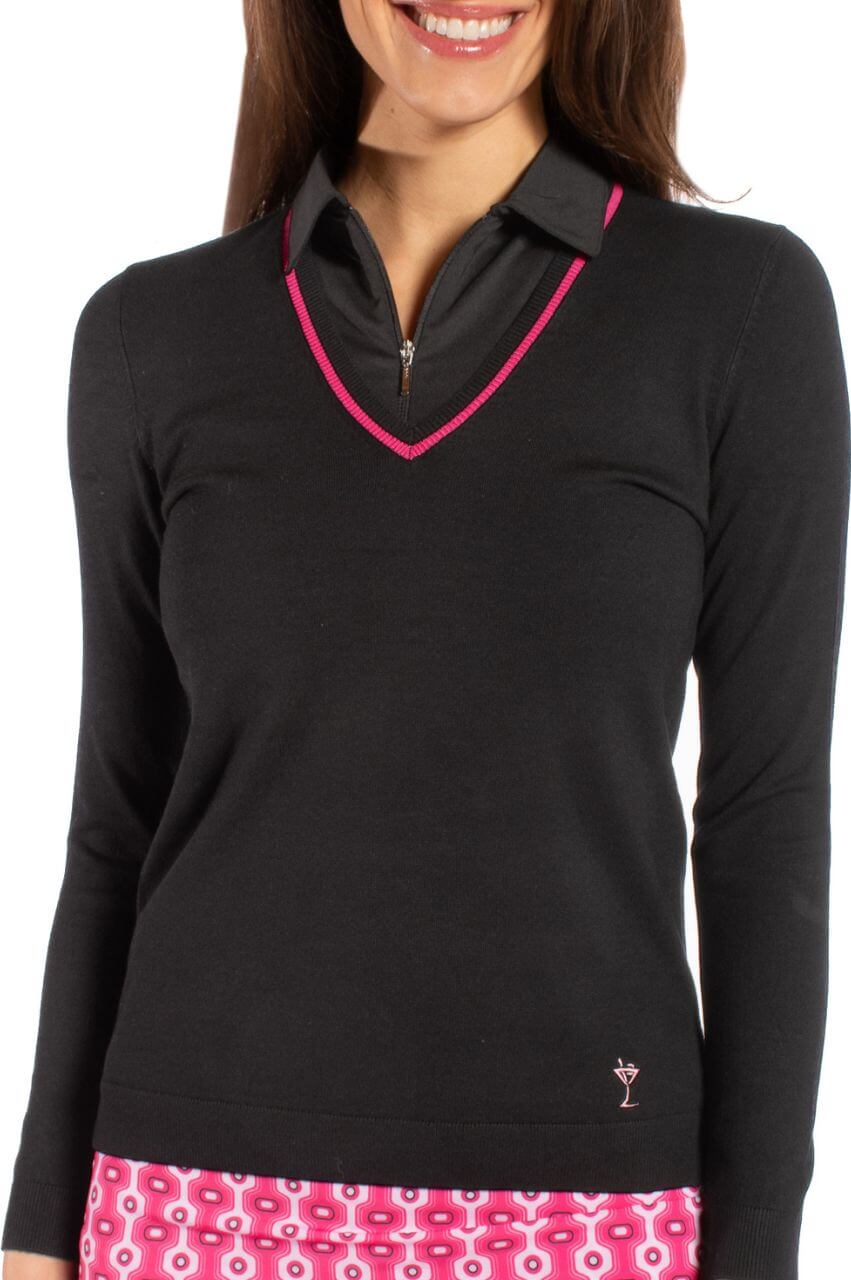 Black/Hot Pink Stretch V - Neck Sweater - GolftiniSweaters