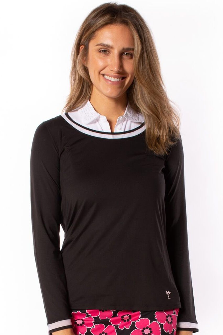 Black/White Long Sleeve Mesh Trim Top - GolftiniTops