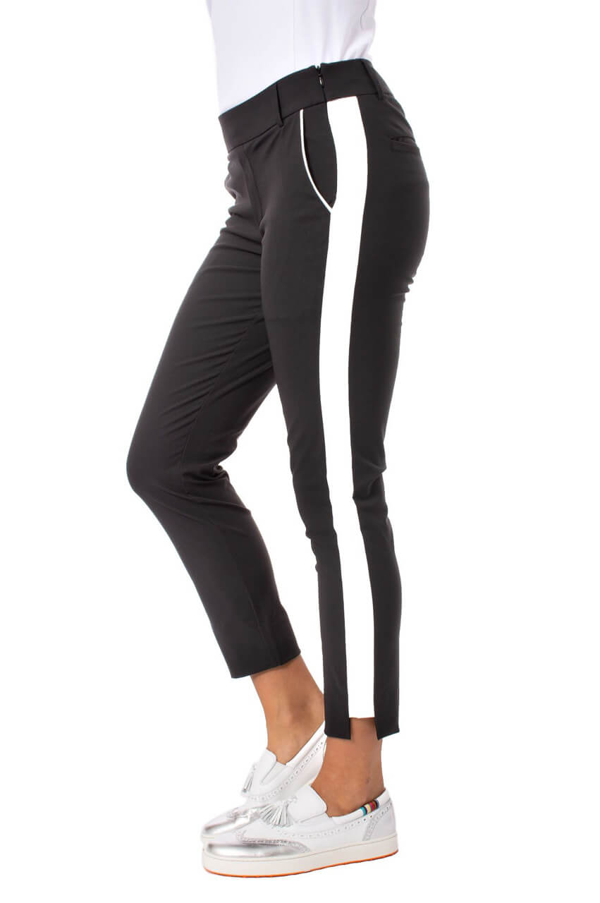 Black pants with white stripe down side on sale