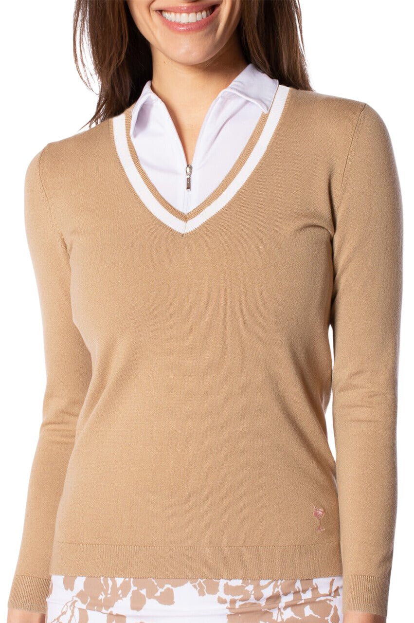 Camel/White Stretch V - Neck Sweater - GolftiniSweaters