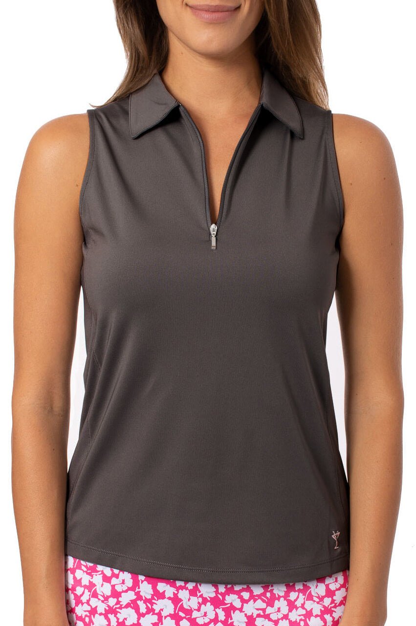 Charcoal Sleeveless Zip Polo - GolftiniTops