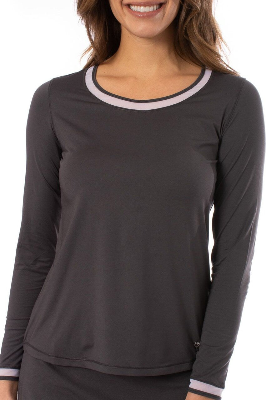 Charcoal/White Long Sleeve Mesh Trim Top - GolftiniTops