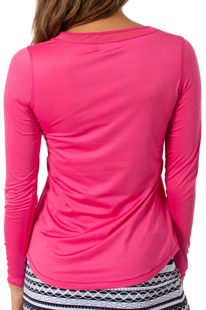 Hot Pink Long Sleeve Mesh Trim Top - GolftiniTops