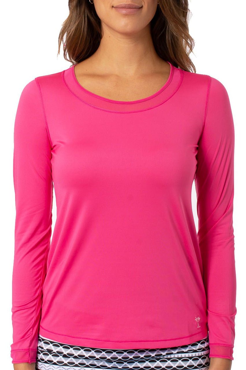 Hot Pink Long Sleeve Mesh Trim Top - GolftiniTops