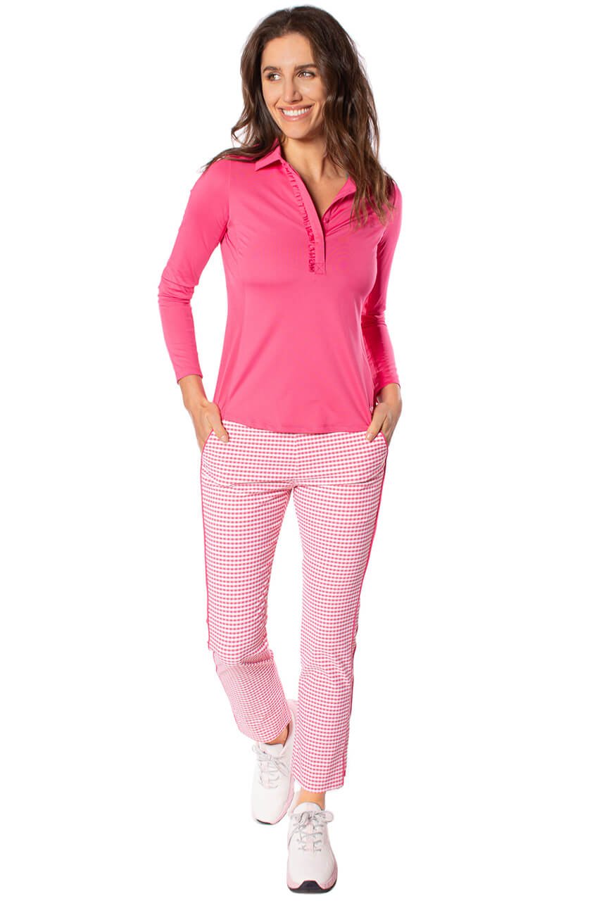 Hot Pink Long Sleeve Ruffle Polo - GolftiniTops