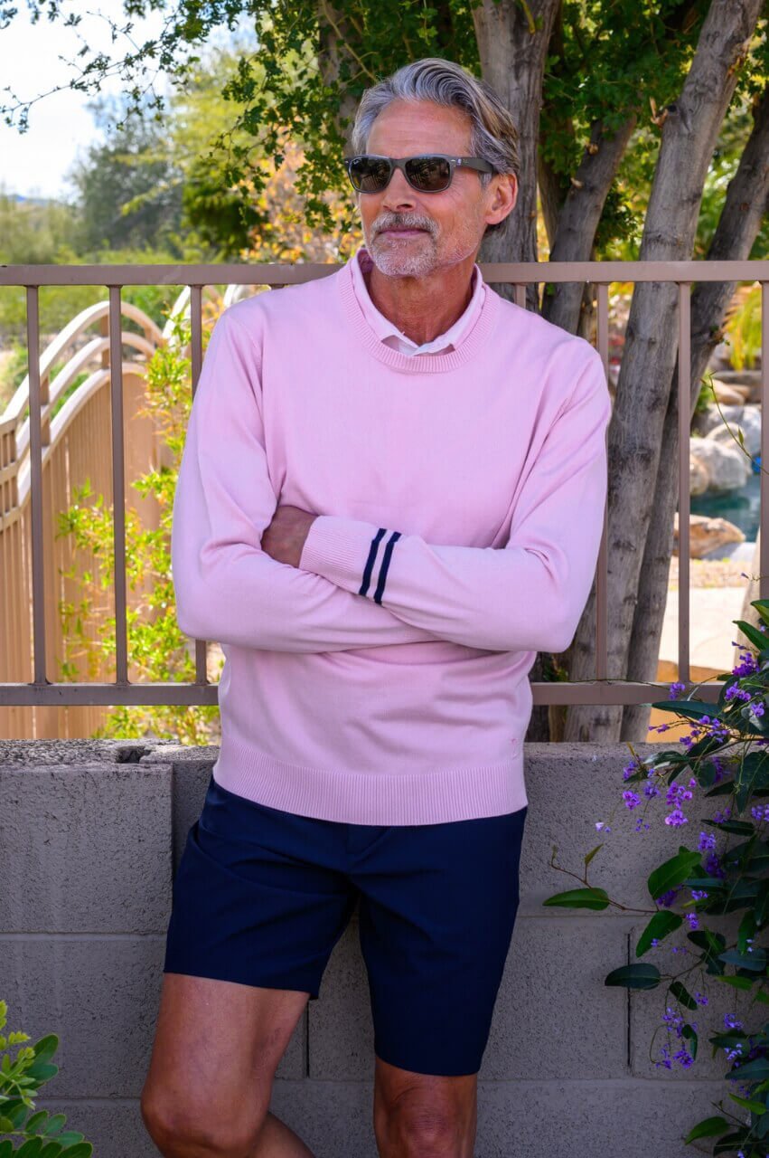 Men's Light Pink Striped Crewneck Sweater - GolftiniMen's Tops