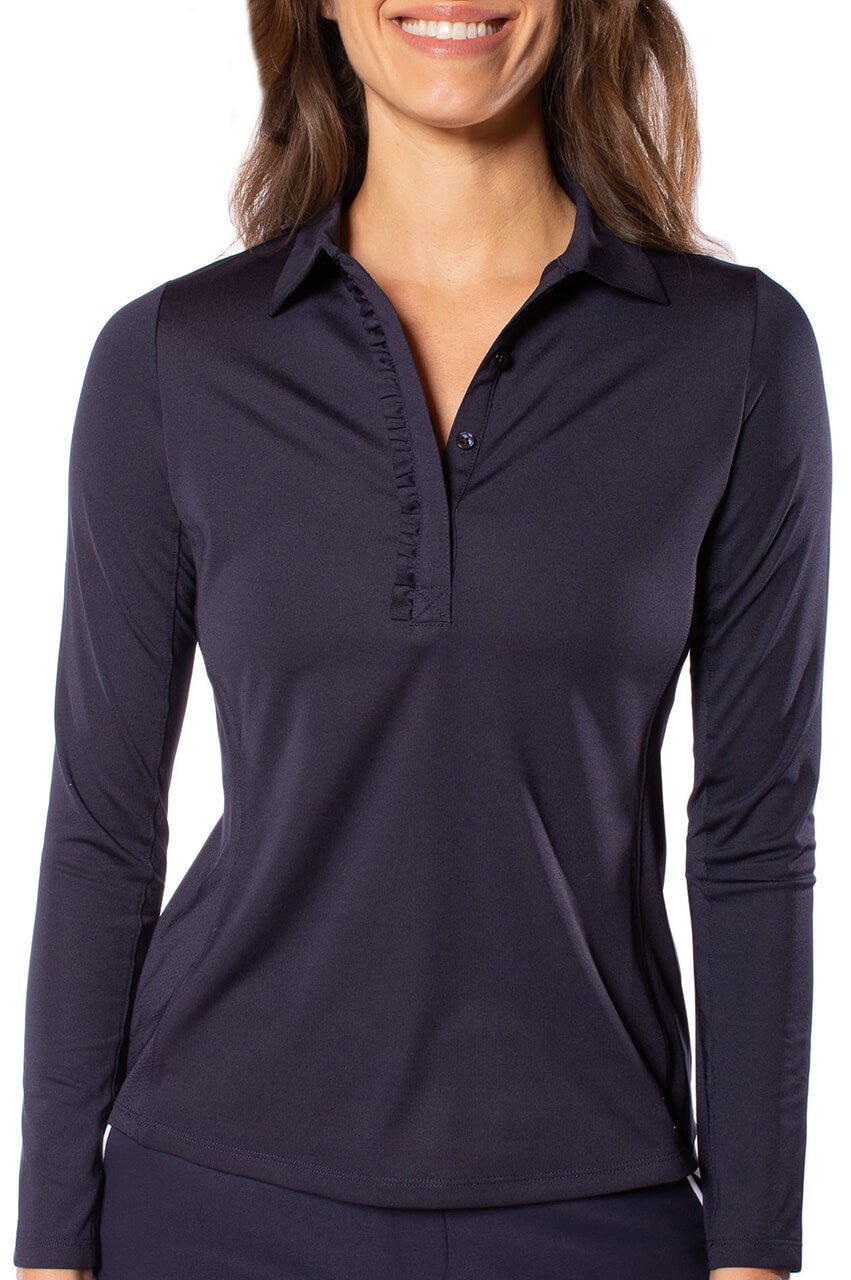 Navy Long Sleeve Ruffle Polo - GolftiniTops