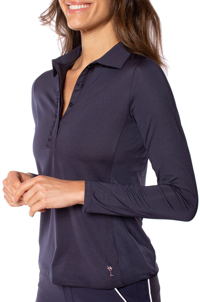 Navy Long Sleeve Ruffle Polo - GolftiniTops