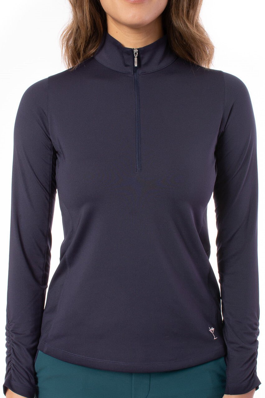 Navy Long Sleeve Zip Mock Polo - GolftiniTops