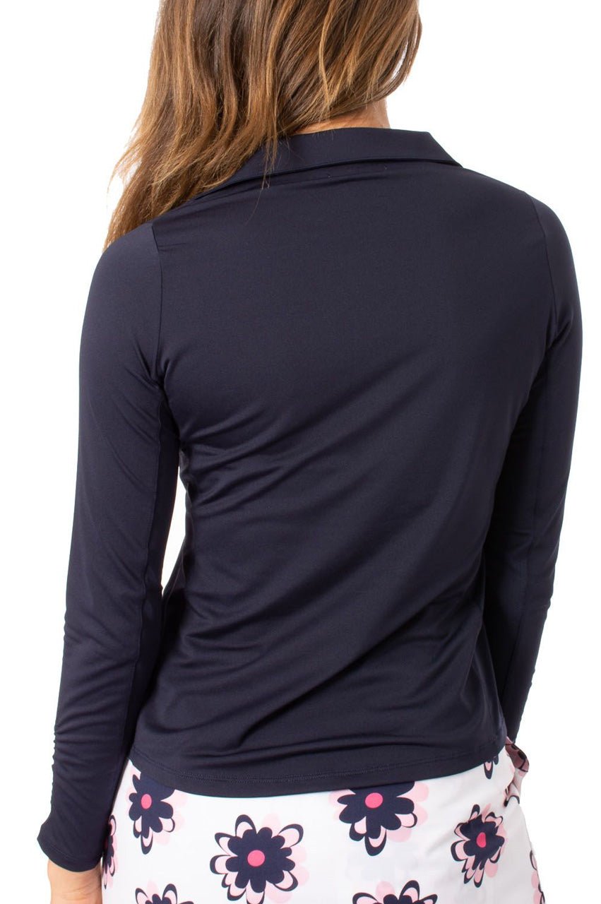 Women s Navy Long Sleeve Breathable Zip Stretch Polo Shirt Golftini