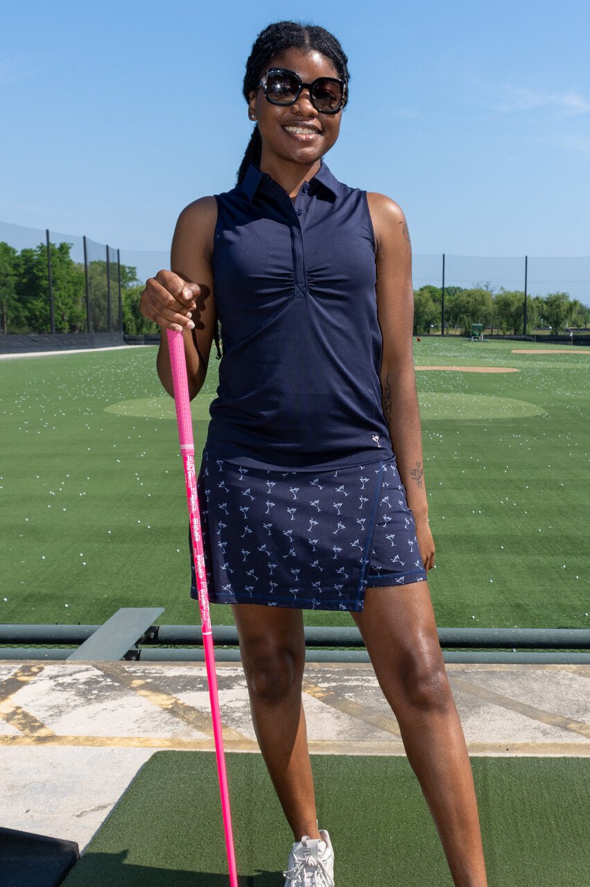 Navy Sleeveless Ruched Polo - GolftiniTops