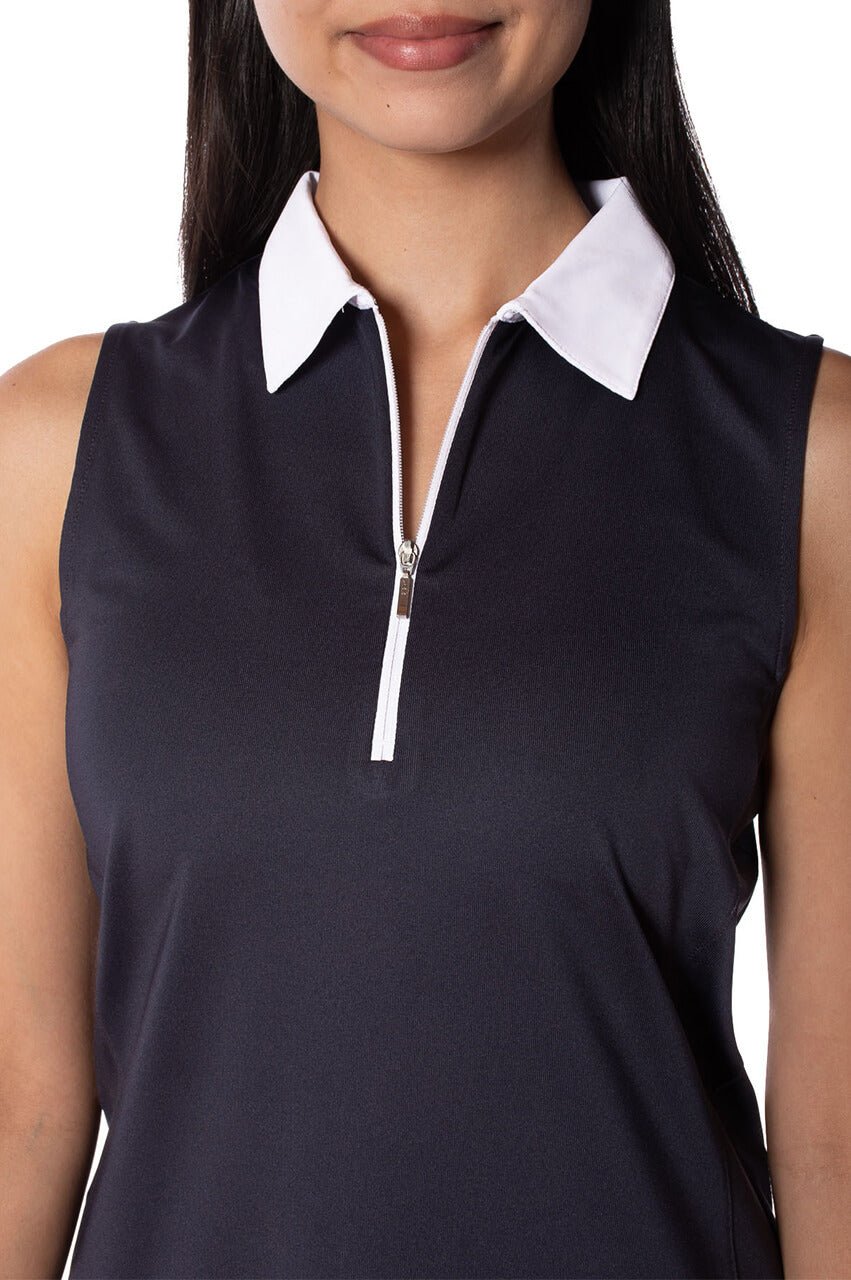 Navy Sleeveless Zip Contrast Polo - GolftiniTops