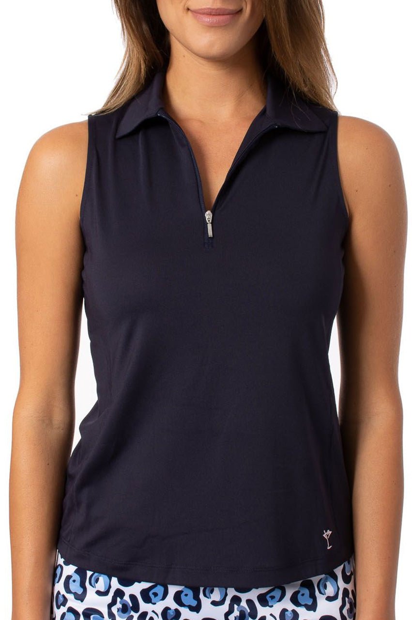 Navy Sleeveless Zip Polo - GolftiniTops