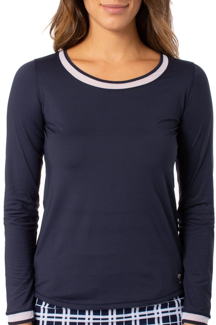 Navy/White Long Sleeve Mesh Trim Top - GolftiniTops