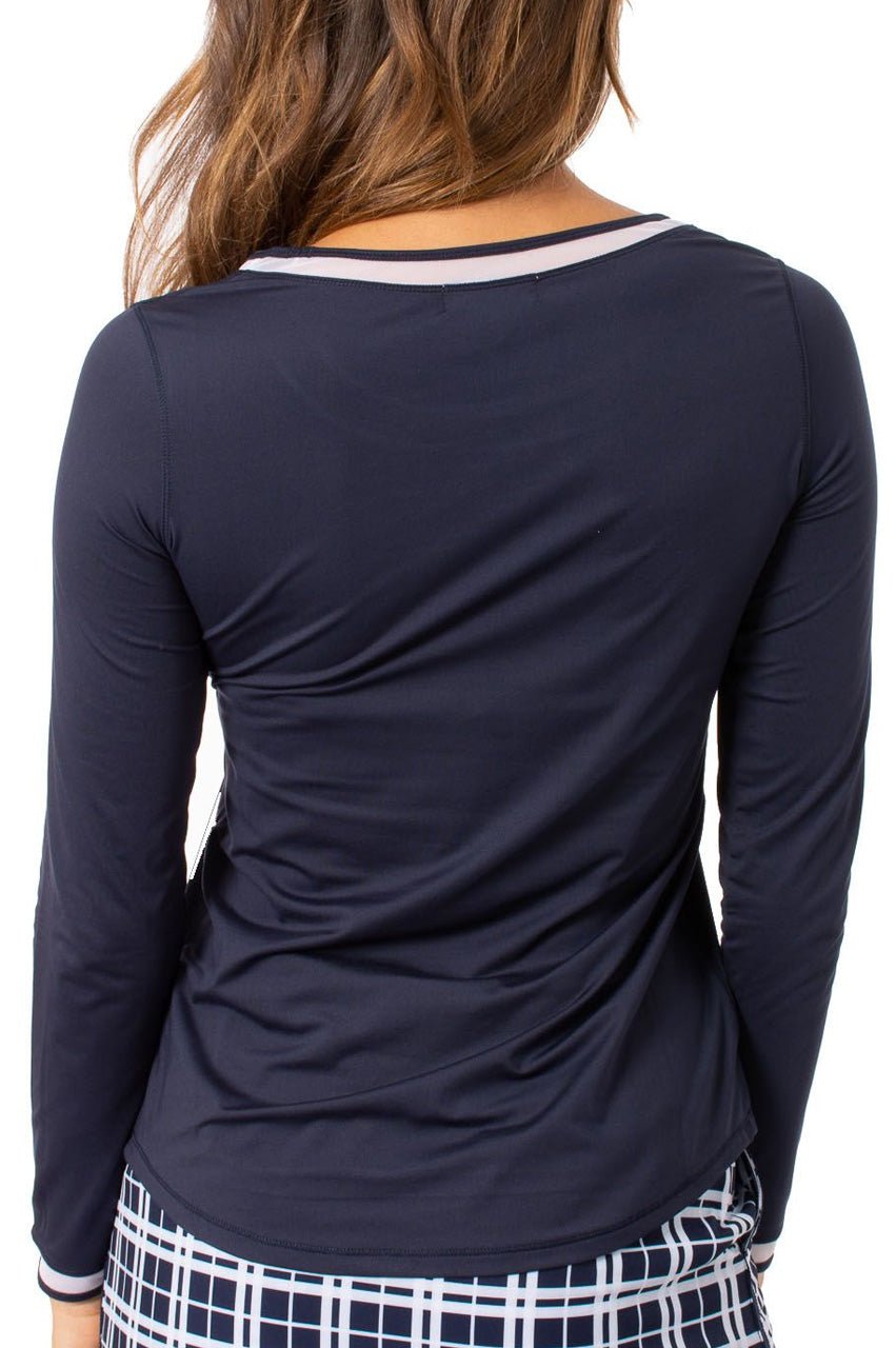 Navy/White Long Sleeve Mesh Trim Top - GolftiniTops