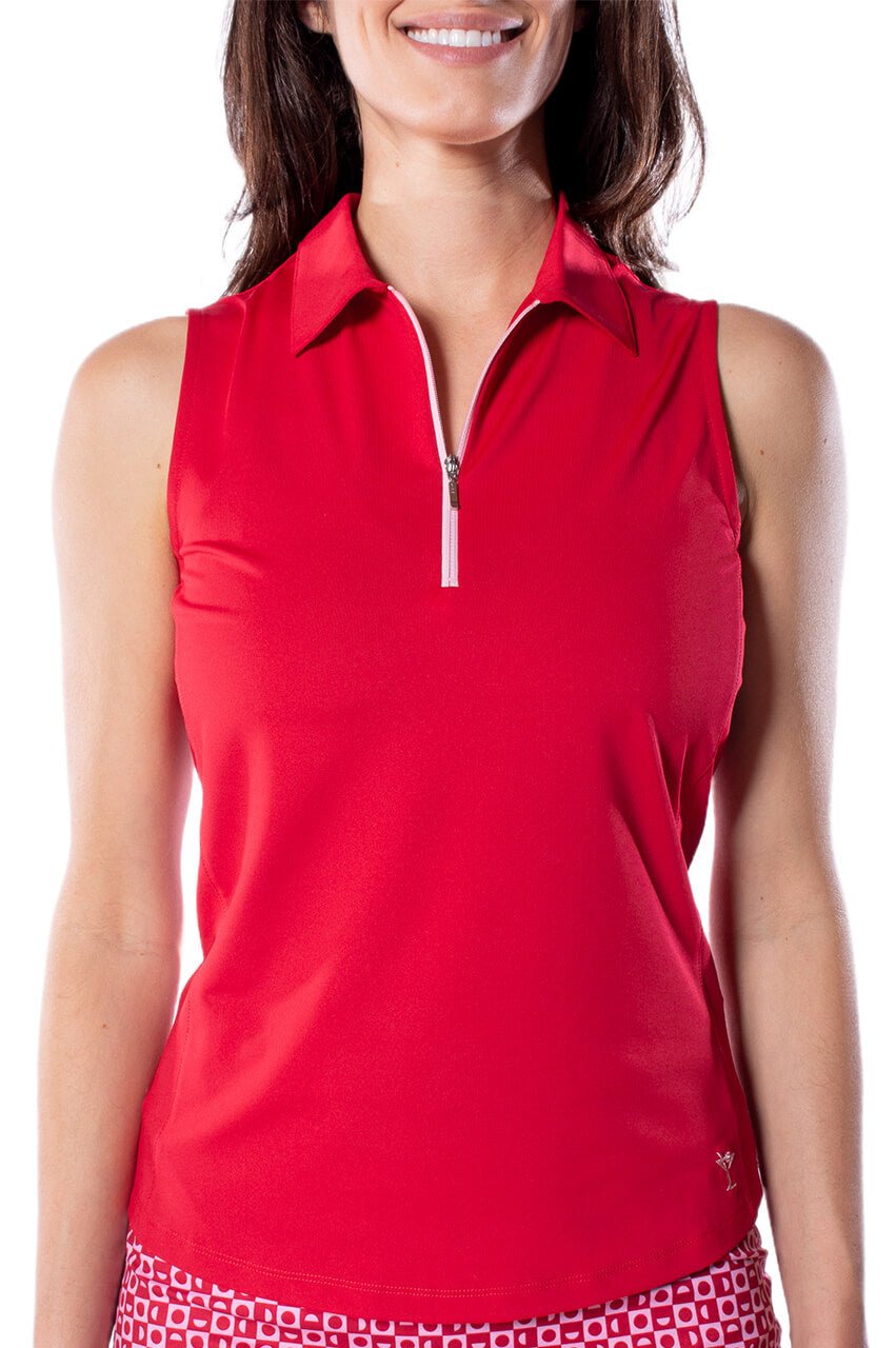 Red/Light Pink Sleeveless Zip Contrast Polo - GolftiniTops