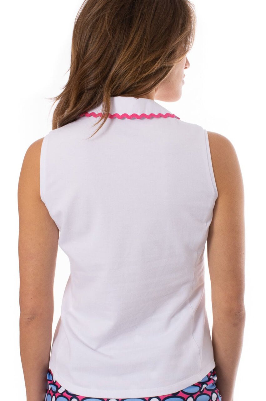 Sleeveless Stretch Pique Cotton Polo with Hot Pink Ric Rac Trim - Golftini