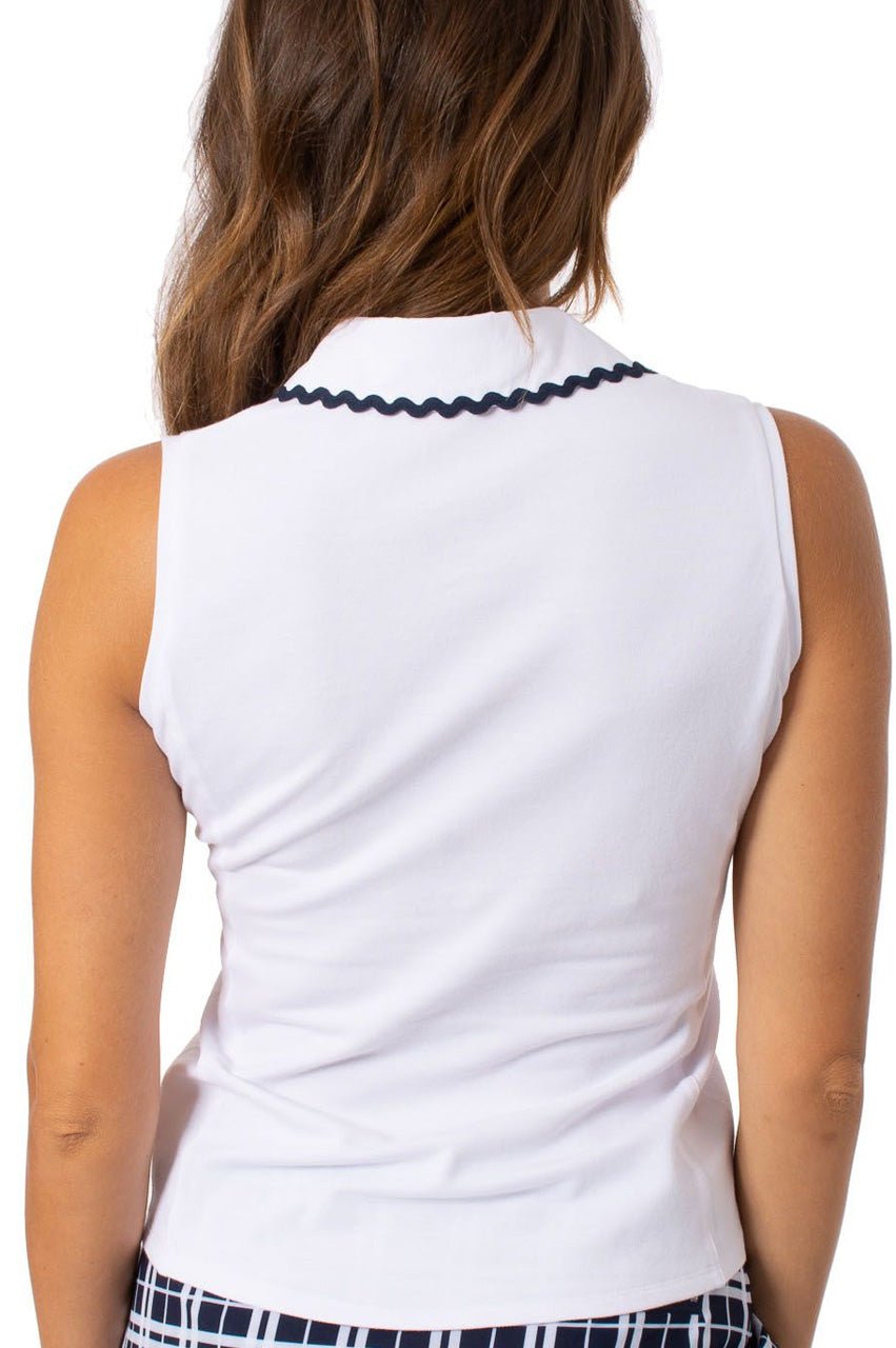 Sleeveless Stretch Pique Cotton Polo with Navy Ric Rac Trim - GolftiniTops