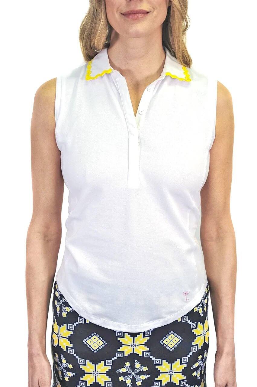 Sleeveless Stretch Pique Cotton Polo with Yellow Ric Rac Trim - GolftiniTops