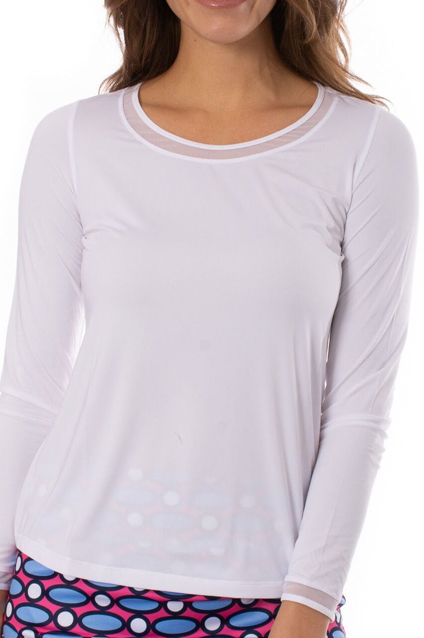 White Long Sleeve Mesh Trim Top - GolftiniTops