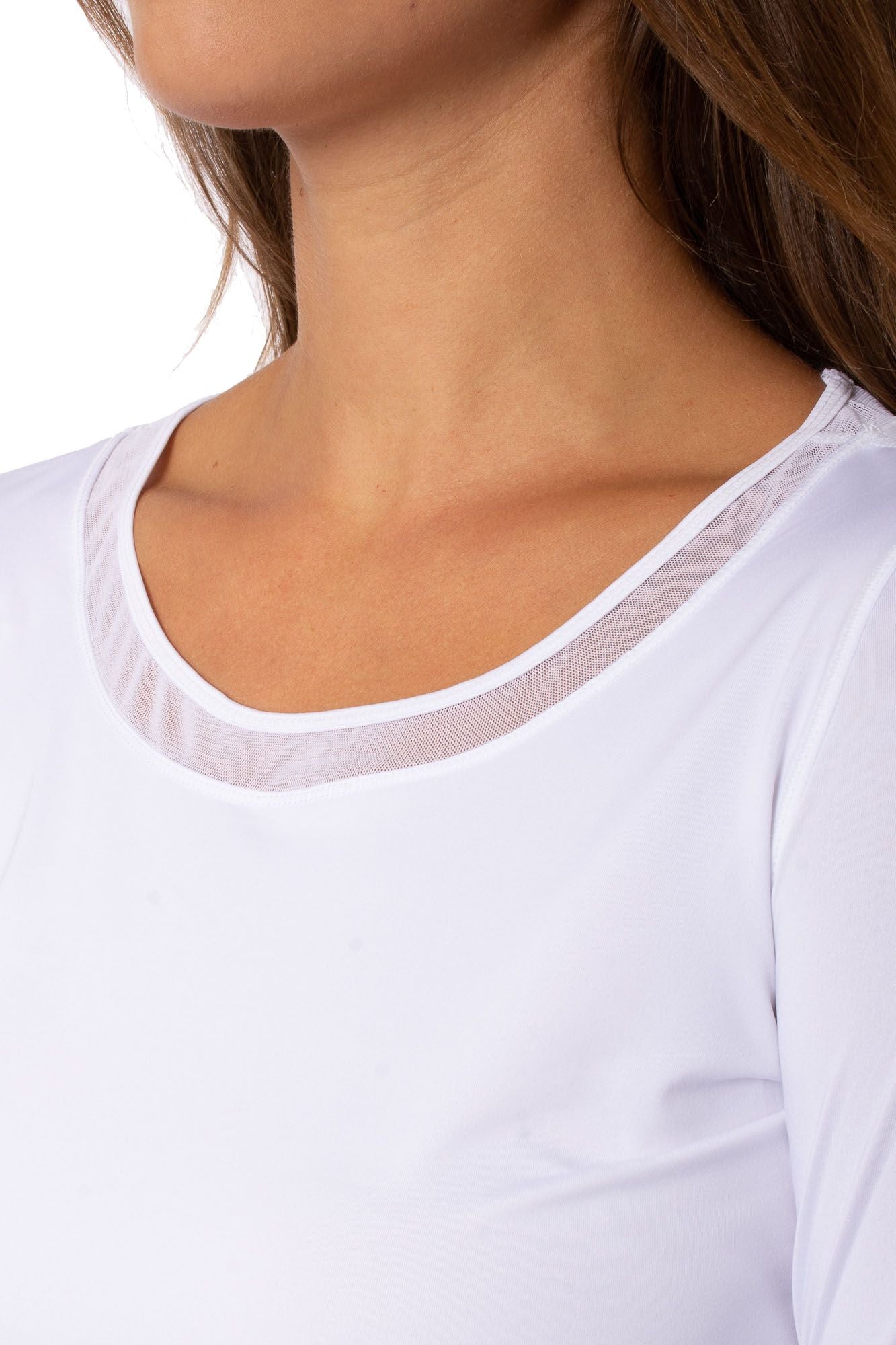 White Long Sleeve Mesh Trim Top - GolftiniTops