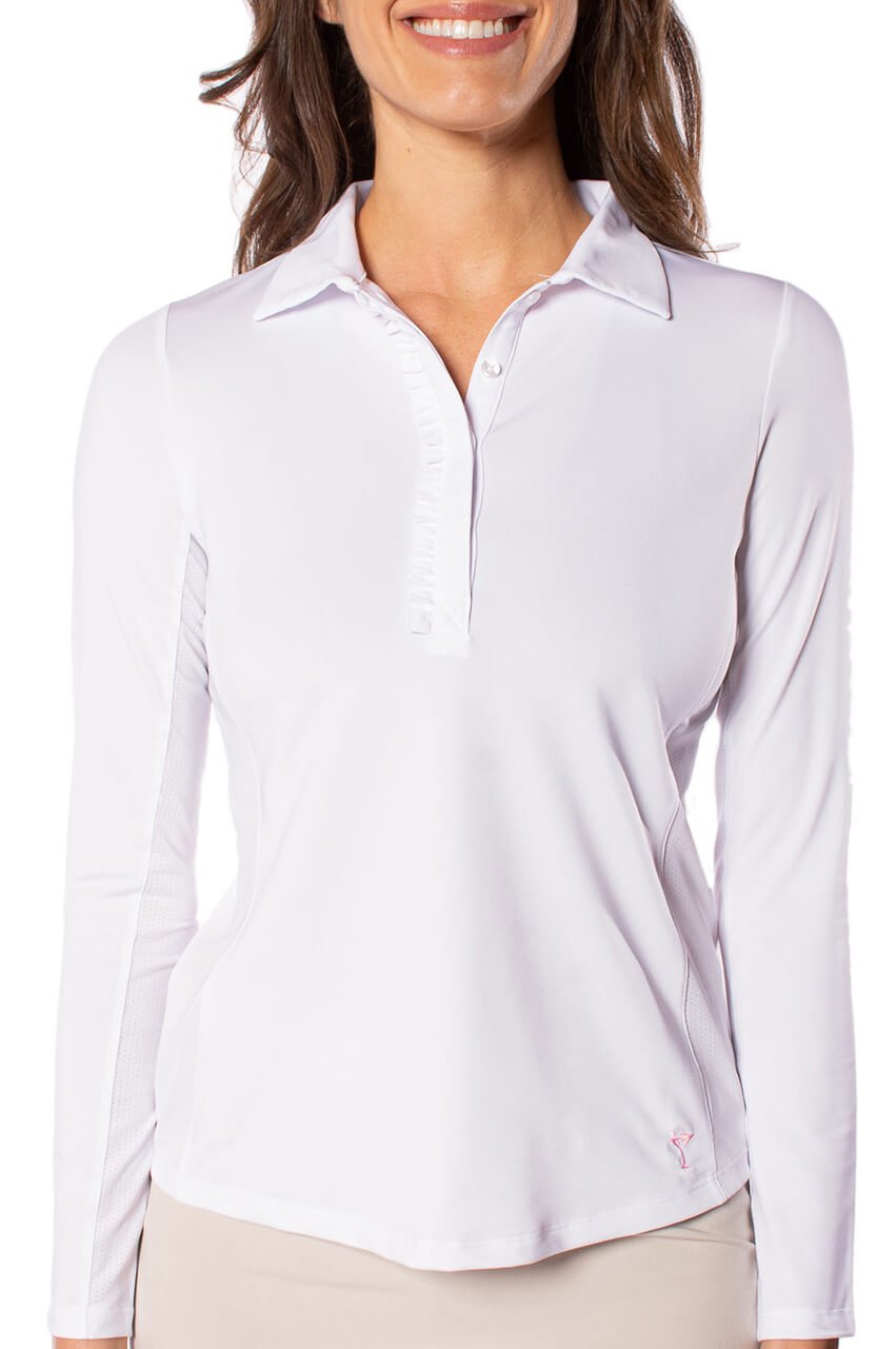 White Long Sleeve Ruffle Polo - GolftiniTops