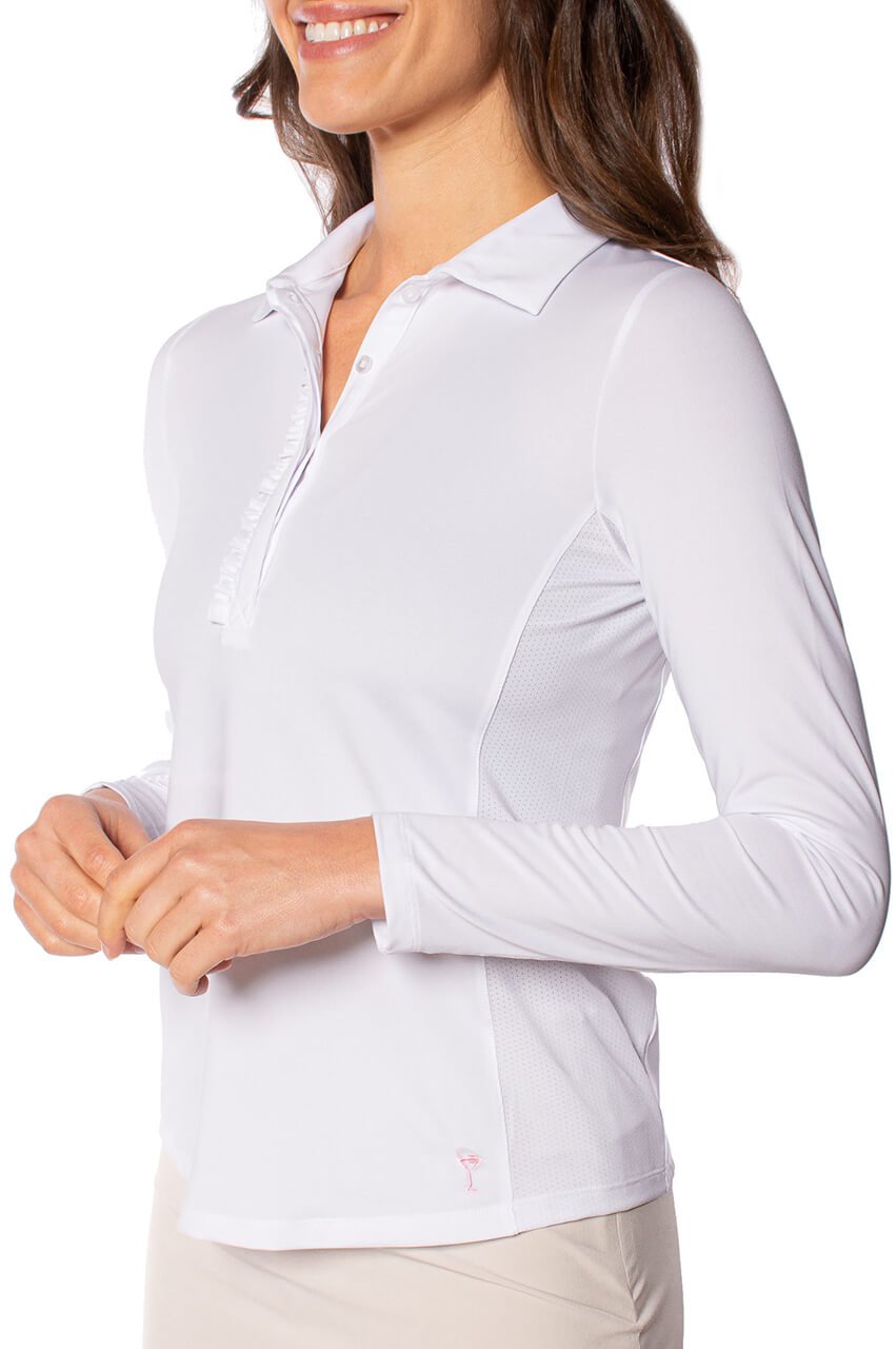 White Long Sleeve Ruffle Polo - GolftiniTops