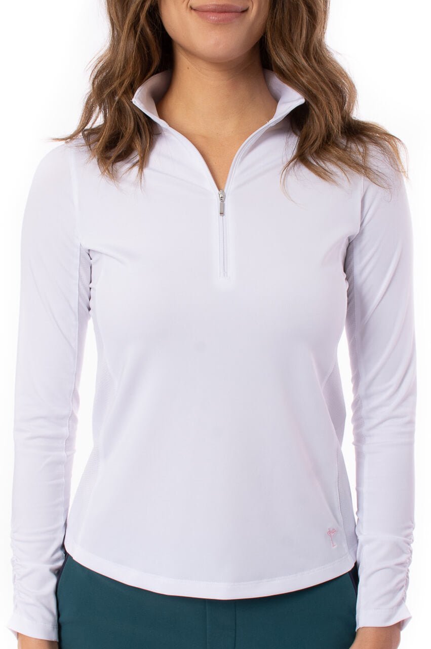 White Long Sleeve Zip Mock Polo - GolftiniTops