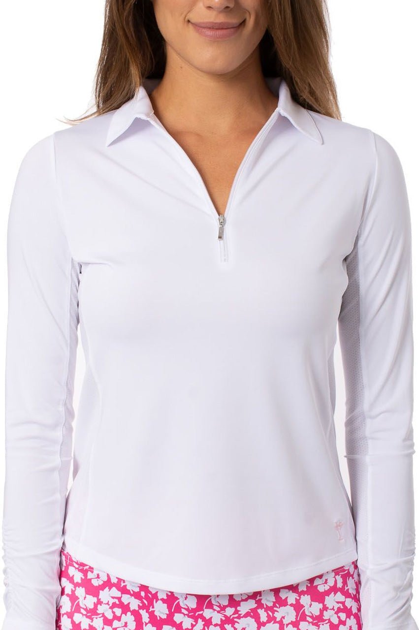 White Long Sleeve Zip Polo - GolftiniTops