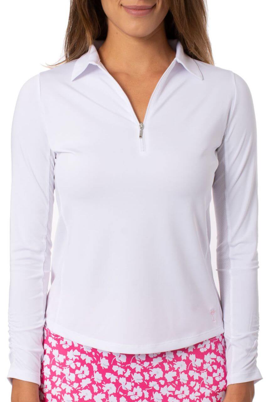 White Long Sleeve Zip Polo - GolftiniTops