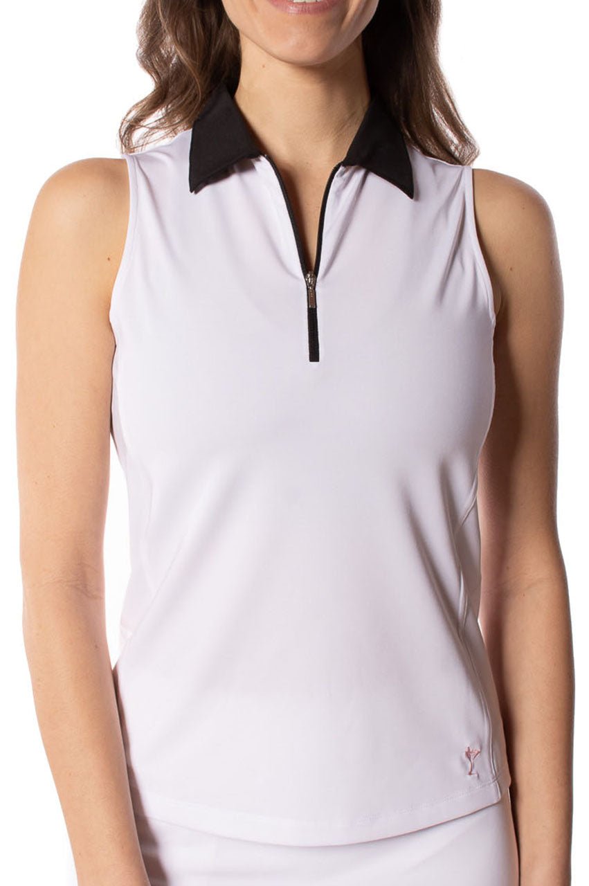 White Sleeveless Zip Contrast Polo - GolftiniTops