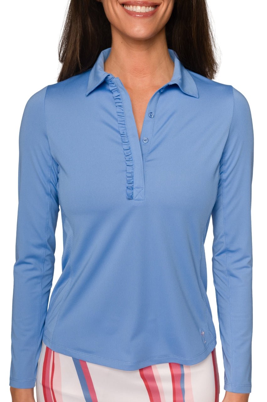 Zoo Blue Long Sleeve Ruffle Polo - GolftiniTops